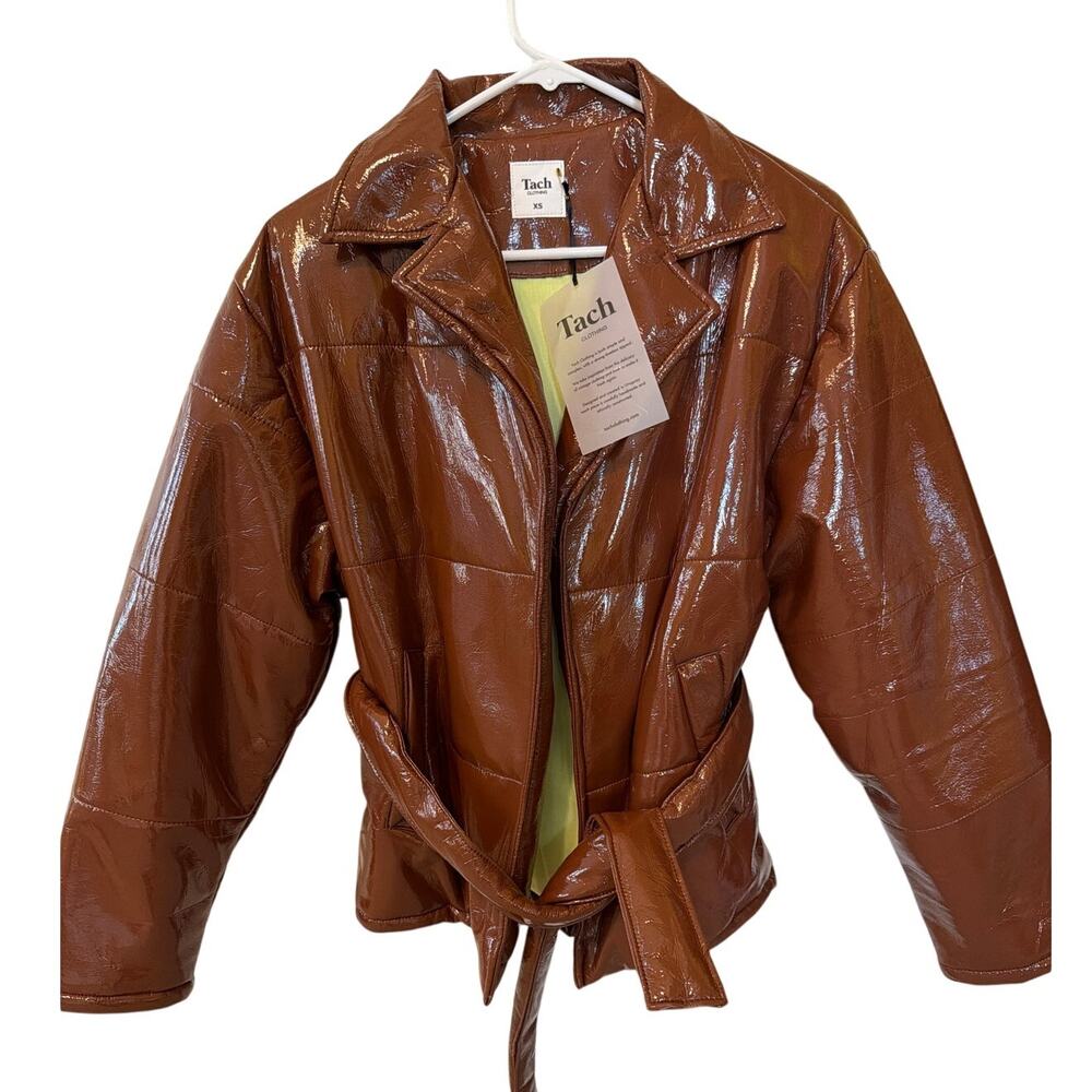 Revolve Tach Milena Quilted Jacket NWT Brown Faux Leather Cropped Tie Coat XS